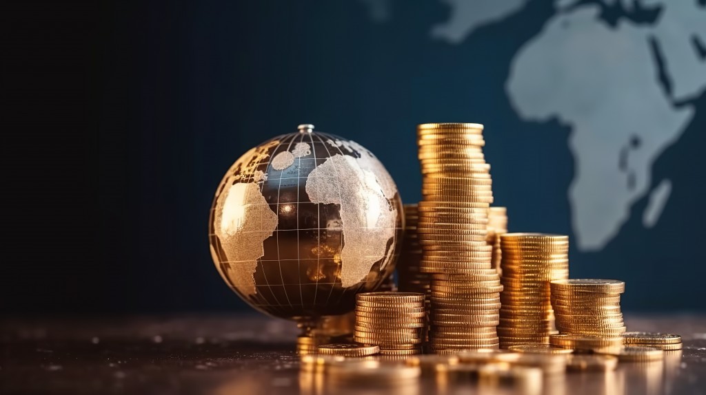 christmas concept. Globe and stack with coins. Money makes the world go round, Generative AI