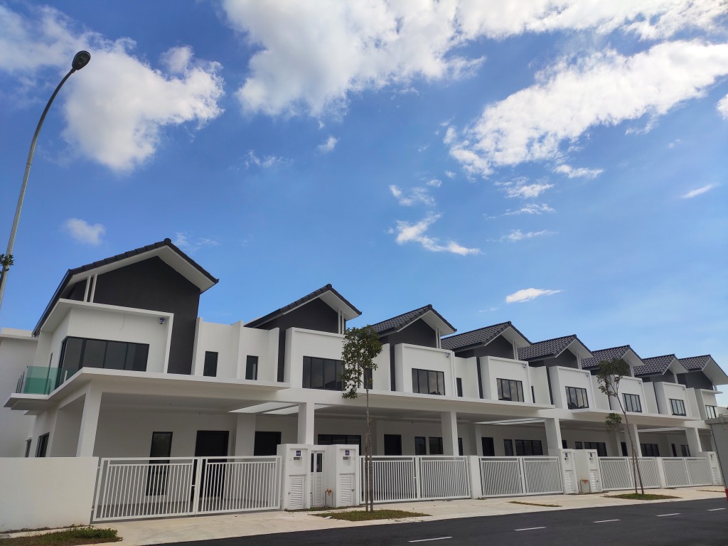 SEREMBAN, MALAYSIA -APRIL 08, 2020: New double story luxury terrace house in Malaysia.  Designed by an architect with a modern and contemporary style. Ready to receive occupants.